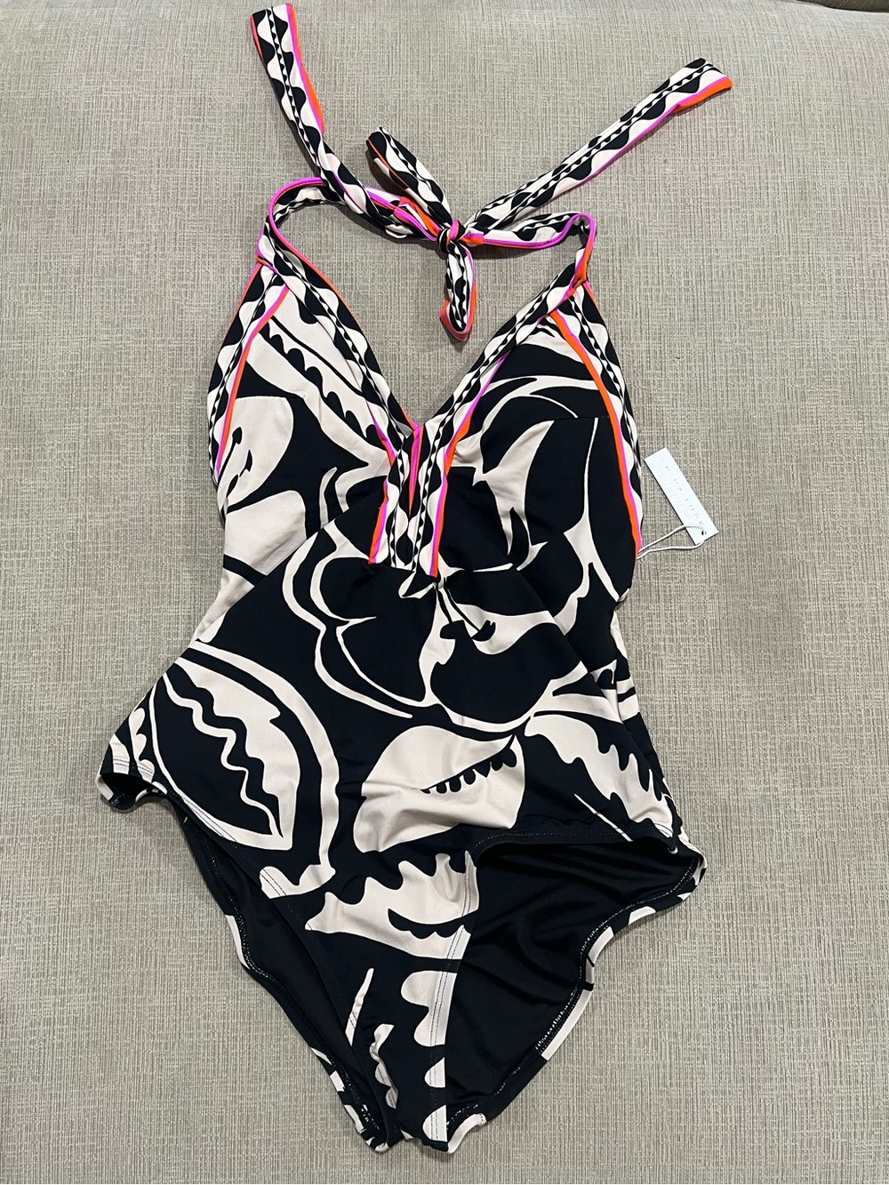 Black & Cream Floral One-Piece Swimsuit with Pink and Orange Trim - Picture 2 of 7